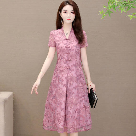 YW-JLNH-JA008修身气质V领短袖绣花连衣裙 商品图0