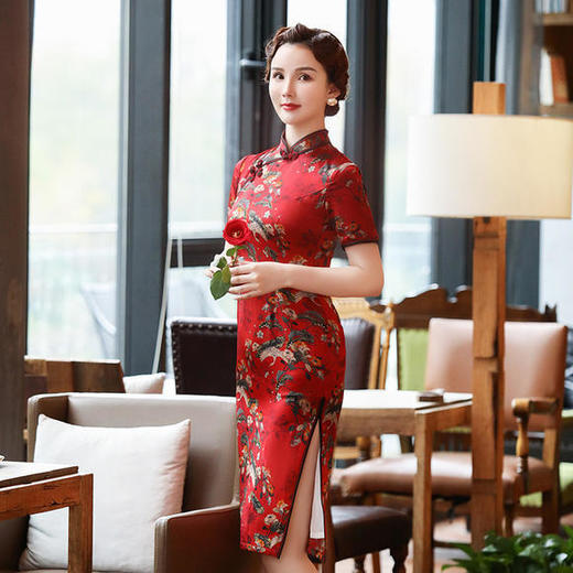 TM2201新款真丝桑蚕丝中长款双层短袖旗袍 商品图0