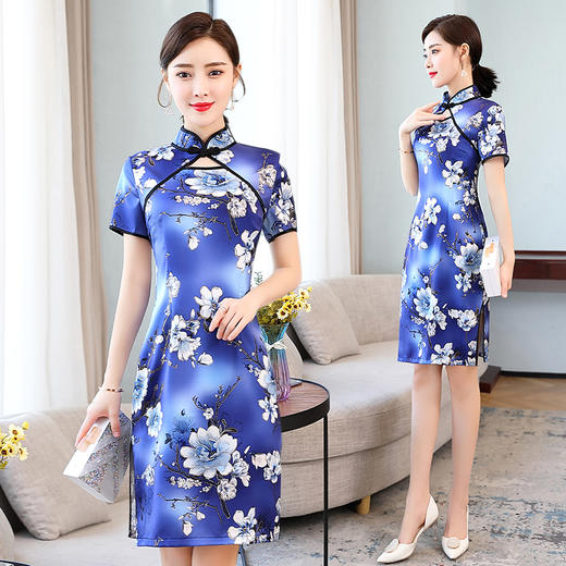 WZNH-HYYX5889夏新品时尚优雅盘扣印花收腰显瘦旗袍连衣裙 商品图2