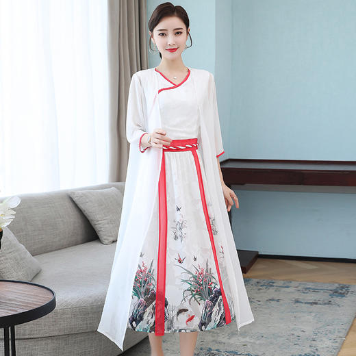 YH-78378文艺复古汉服改良连衣裙古风收腰刺绣改良V领雪纺连衣裙ZXH 商品图3