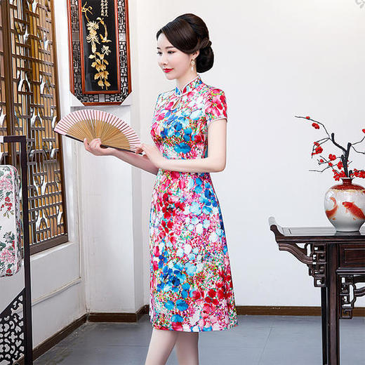 QQ-9690夏新品A字裙真丝旗袍裙中国风时尚修身中式礼服 商品图0