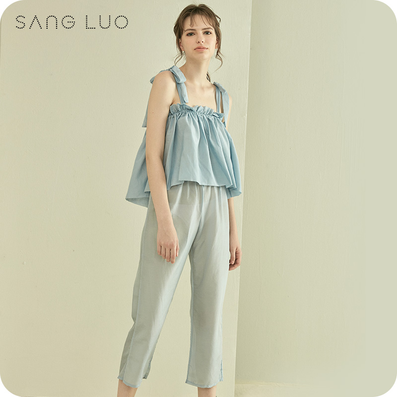 丝绸睡衣度假SILK吊带套装SANGLUO桑罗一字肩桑蚕丝睡衣家居服女