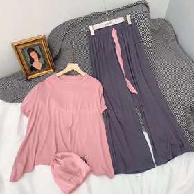 新款春夏秋季睡衣套装女亲肤拼色懒人网红家居服纯色两件套可外穿