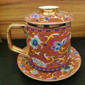 橘色珐琅彩四件杯 茶水分离杯 会客杯多色可选