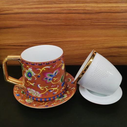 橘色珐琅彩四件杯 茶水分离杯 会客杯多色可选 商品图1