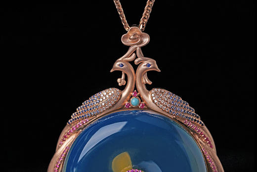 凤朝凰兮·多米尼加蓝珀18K玫瑰金镶钻平安扣吊坠 商品图1