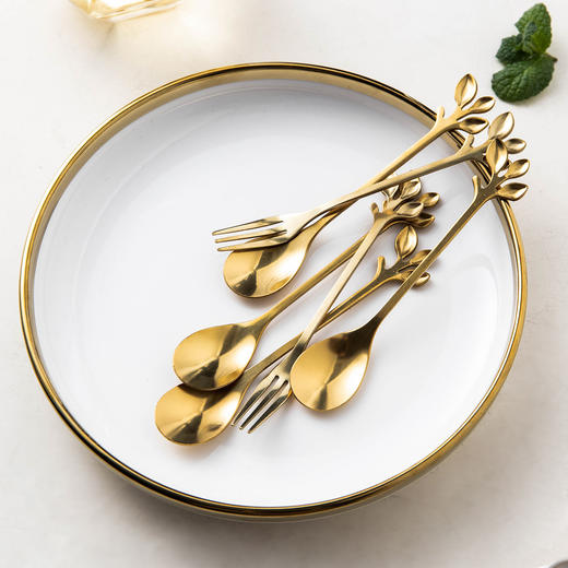 摩登主妇金色不锈钢树叶水果叉套装创意可爱石榴小叉子蛋糕勺果签 商品图1