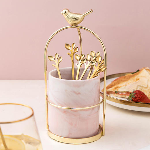 摩登主妇金色不锈钢树叶水果叉套装创意可爱石榴小叉子蛋糕勺果签 商品图2