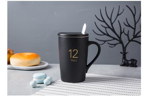 万淄（WanZi）亚光数字盎司杯12oz马克杯陶瓷杯子办公室水杯茶杯 咖啡杯情简约 370ml 黑色 商品图2