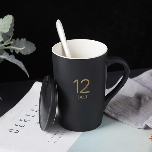 万淄（WanZi）亚光数字盎司杯12oz马克杯陶瓷杯子办公室水杯茶杯 咖啡杯情简约 370ml 黑色 商品图0