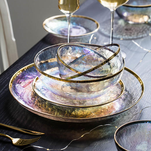 摩登主妇金边锤纹玻璃碗家用餐具西餐盘ins菜盘牛排盘沙拉碗 商品图1