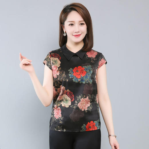 上海旗袍厂ZT-B2050丝绸服装女装真丝印花T恤 大码妈妈装桑蚕丝上衣小衫 商品图0