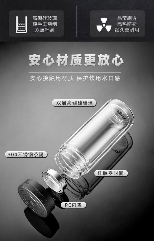 富光 健牌致新系列双层玻璃杯 大容量商务男女水杯子 车载便携家用茶杯 黑色 320ml 商品图4