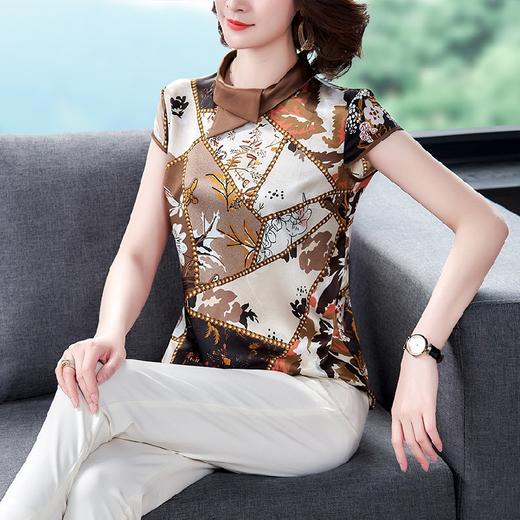 AHM-yme5256真丝上衣女士t恤2020夏季新款短袖优雅气质印花妈妈装雪纺衫 商品图1