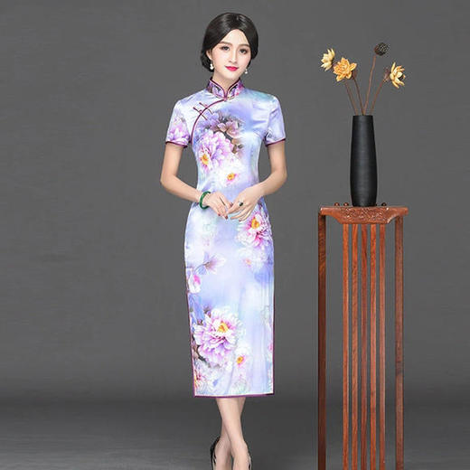 HZ-1715E新品中式立领复古真丝旗袍 商品图0