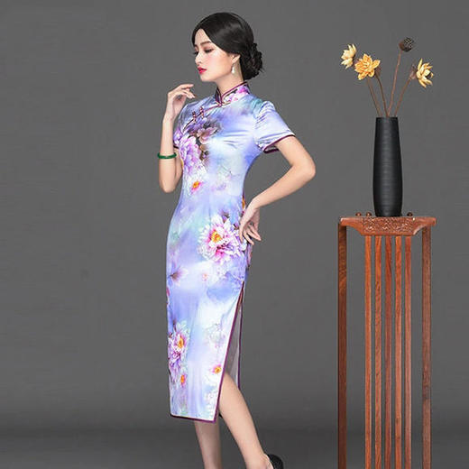 HZ-1715E新品中式立领复古真丝旗袍 商品图1