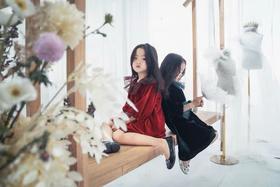 Lalumière鹿·謐 丝绒连衣裙 礼服裙 红色绿色 欧根纱荷叶边领