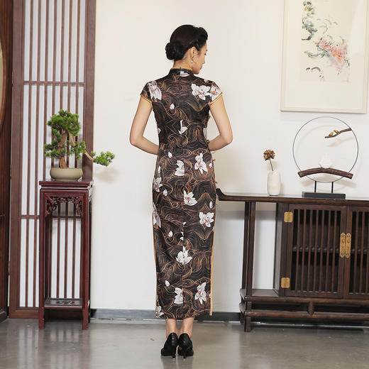 上海旗袍厂TZRY-c2034春夏新款真丝印花旗袍 复古时尚高开衩旗袍 商品图3
