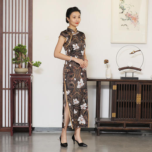 上海旗袍厂TZRY-c2034春夏新款真丝印花旗袍 复古时尚高开衩旗袍 商品图1