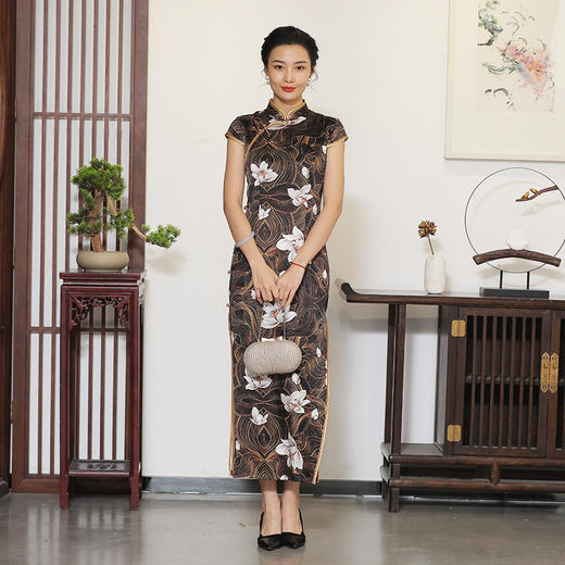 上海旗袍厂TZRY-c2034春夏新款真丝印花旗袍 复古时尚高开衩旗袍 商品图0