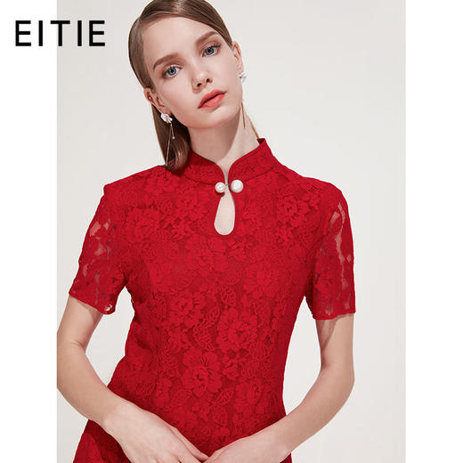 EITIE爱特爱品牌女装春夏镂空钉珠修身显瘦蕾丝旗袍式连衣裙B1907296 商品图0