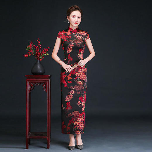YSD-05883-3032复古优雅真丝短袖高开衩长款旗袍 商品图0