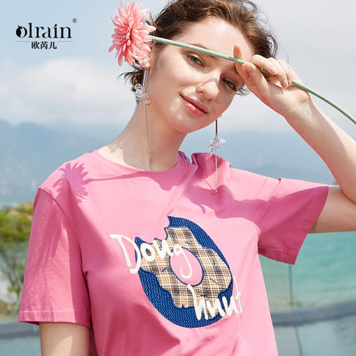 欧芮儿夏装新款女装刺绣绣花短袖t恤女宽松上衣字母短T小衫 商品图0
