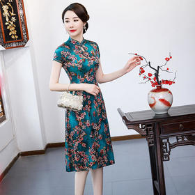 QQ-9715新款复古碎花真丝旗袍裙