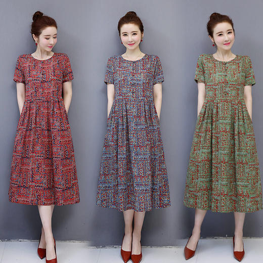 WZNH-NYMYZ621棉麻中长款气质亚麻碎花复古连衣裙 商品图2