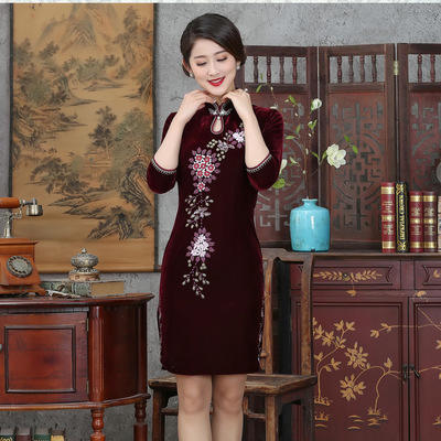 GY-SD021-023爆款妈妈装钉珠刺绣短款日常七分袖旗袍裙 商品图9