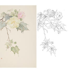 张莉莉竖幅没骨画工笔花鸟白描底稿 ZA21