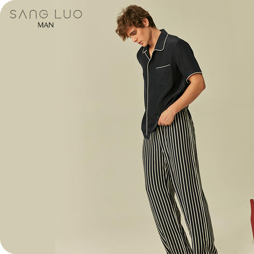 丝绸睡裤时髦条纹SILK长裤SANGLUO桑罗桑蚕丝阔腿裤舒适睡衣男 商品图1