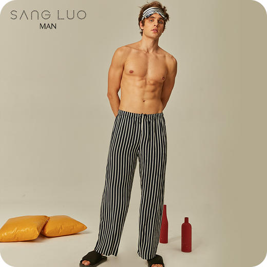 丝绸睡裤时髦条纹SILK长裤SANGLUO桑罗桑蚕丝阔腿裤舒适睡衣男 商品图0