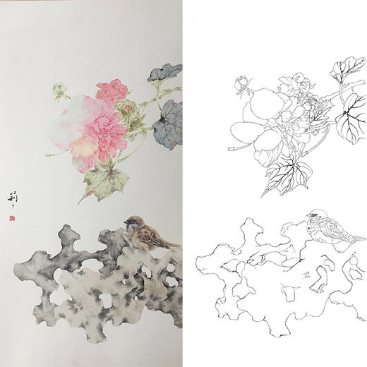 张莉莉竖幅没骨画工笔花鸟白描底稿 ZA15 商品图0