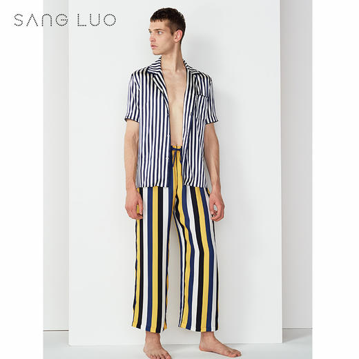 丝绸睡裤时髦条纹SILK长裤SANGLUO桑罗桑蚕丝阔腿裤舒适睡衣男 商品图2