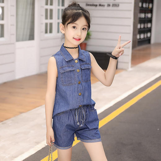 228-新品女童薄款大童女孩牛仔短裤两件套ZXH 商品图1
