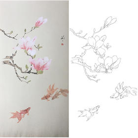 张莉莉竖幅没骨画工笔花鸟白描底稿 ZA16