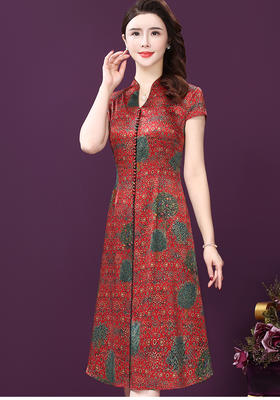 WXY-W-HF-023X新品中长款复古中国风碎花贵夫人真丝连衣裙