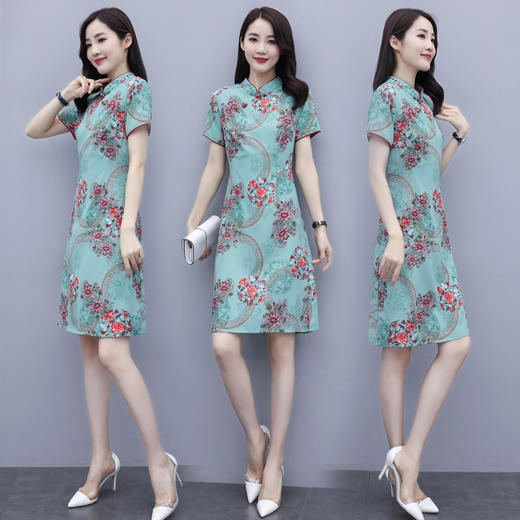 WZNH-QY20571夏季时尚立领盘扣收腰显瘦印花复古连衣裙 商品图1