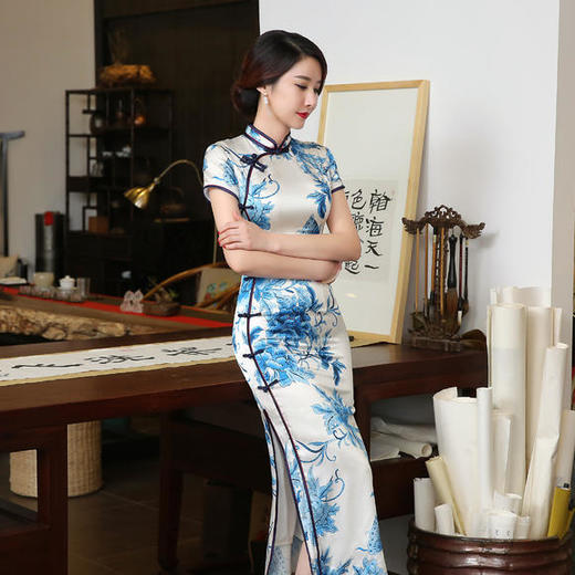 SZZH-青花瓷中国风真丝长款旗袍 商品图1