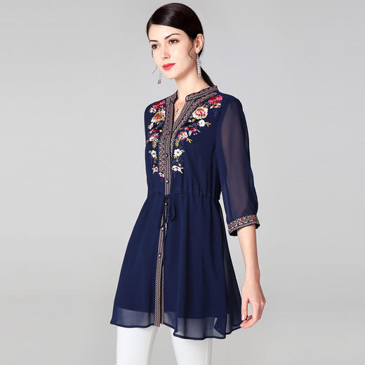 JSNH-JS6460夏季新款民族风复古刺绣系带衬衣大码中袖妈妈装 商品图3
