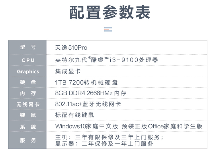 联想(lenovo)天逸510pro个人商务台式机电脑整机(i3-9100 8g 1t wifi