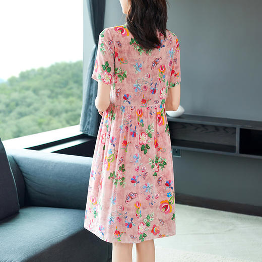 CS-72843新品气质复古风手工编织花朵印花短袖真丝连衣裙 商品图3