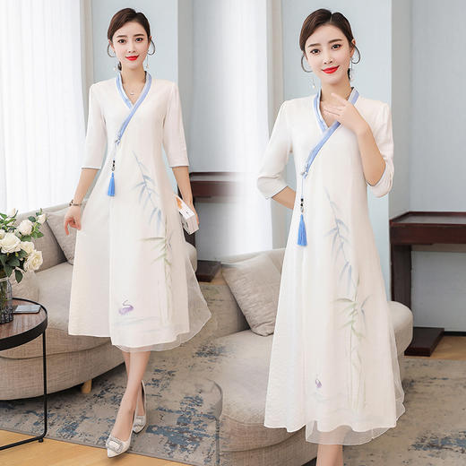 FMN-FS6751汉服仙气中国风复古禅意女装交领手绘连衣裙 商品图0