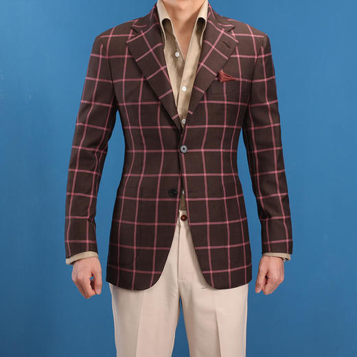 意式风全麻衬暗红大格纹西装夹克定制-多美Dormeuil面料（预定） 商品图3