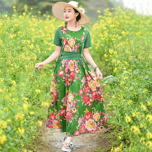 FF-ED0597（翠绿色送领巾）实拍田园风古典女装收腰连衣裙宽松短袖棉麻长裙 商品图1