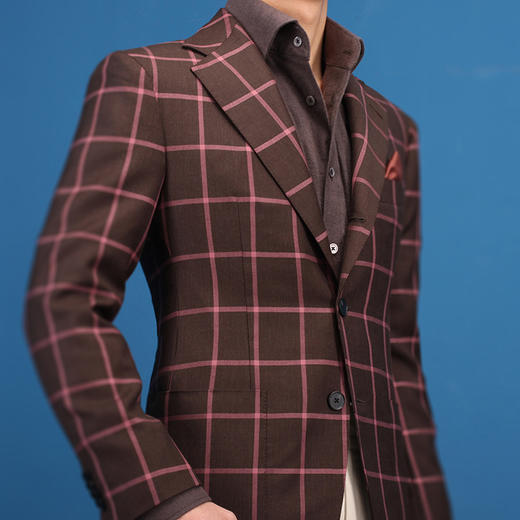 意式风全麻衬暗红大格纹西装夹克定制-多美Dormeuil面料（预定） 商品图1