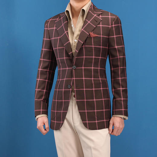 意式风全麻衬暗红大格纹西装夹克定制-多美Dormeuil面料（预定） 商品图4
