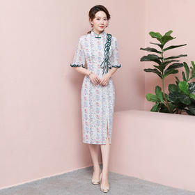 ZSM-200410夏季时尚旗袍  复古木耳边蝴蝶结印花连衣裙