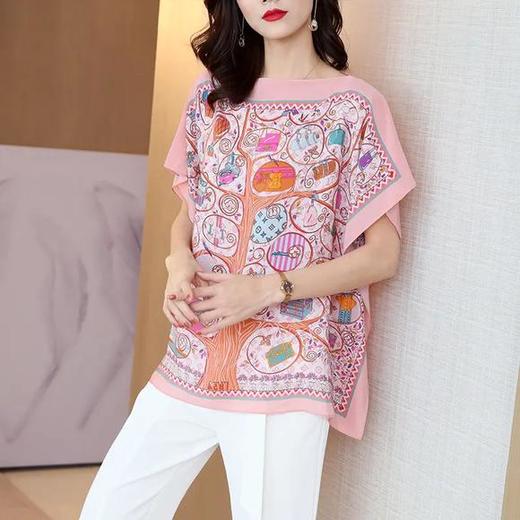 ML-2315002蝙蝠袖真丝桑蚕丝衬衫时尚印花短袖宽松遮肉 商品图2